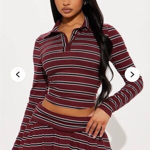 Fashion Nova Burgundy Striped Long Sleeve Polo Crop Top Women’s Medium